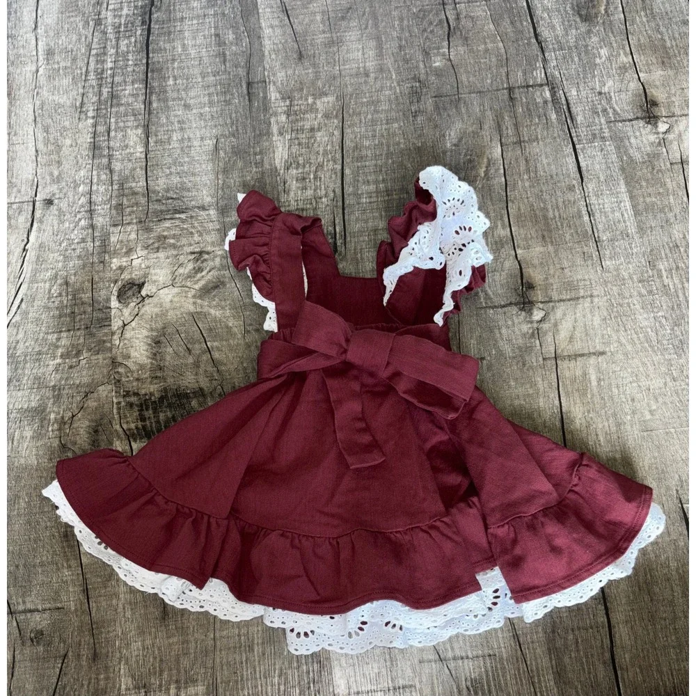 Bug A‎ Boutique Burgundy Eyelet Lace Ruffle Pinafore Dress Baby Girls 6M Wine